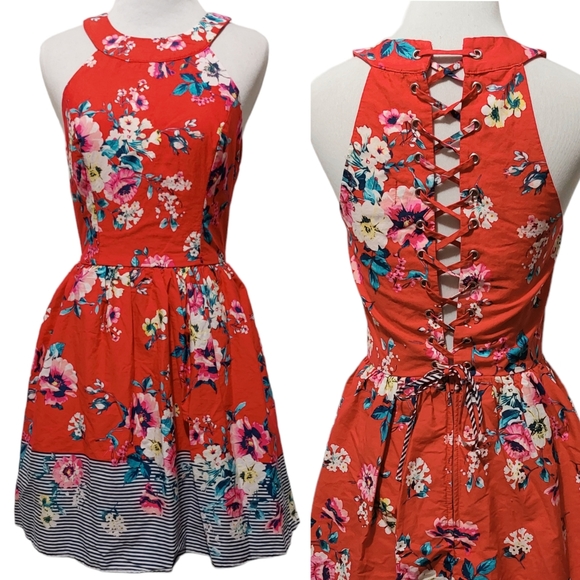 AUW Red Floral A-Line Retro Inspired Short Skater Dress with Open Lace-up Back - Picture 1 of 12